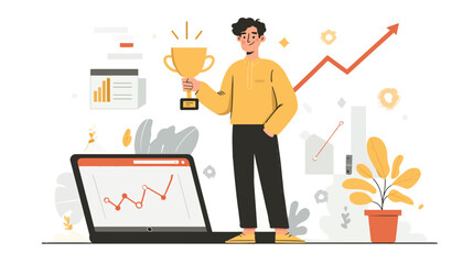 Entrepreneur Celebrating Success with Trophy and Laptop in Modern Office Environment