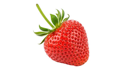 Isolated ripe strawberry with green stem, fresh fruit full of vitamin C, healthy organic snack