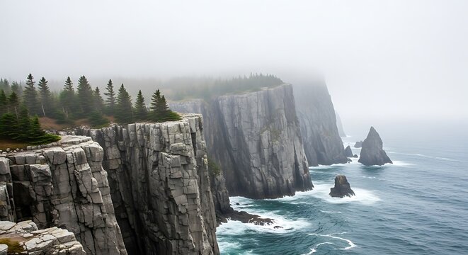 Dramatic Coastal Cliffs of Newfoundland in Foggy Weather.
