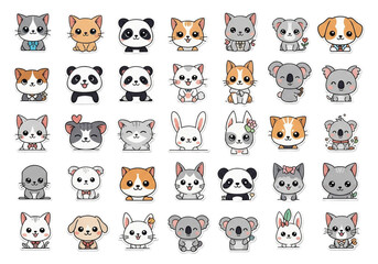 Obraz premium Cute Cartoon Chibi Kawaii Animal Vector Collection Bundle Cats Dogs Pandas Koalas Rabbits Pet Wildlife Adorable Baby Graphics
