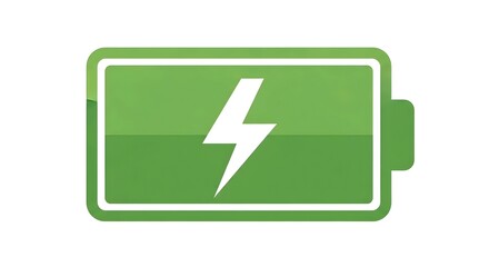 Green battery icon with white lightning bolt, simple design, conveys energy/power. Calm mood. Dominant green & white colors. Concept: charged battery. AI Generated