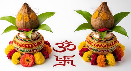 Two kalash pots adorned with coconuts, mango leaves, and vibrant flower garlands, with om and swastika symbols in red, symbolizing auspiciousness and hindu tradition