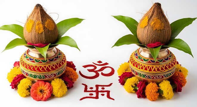 Two kalash pots adorned with coconuts, mango leaves, and vibrant flower garlands, with om and swastika symbols in red, symbolizing auspiciousness and hindu tradition