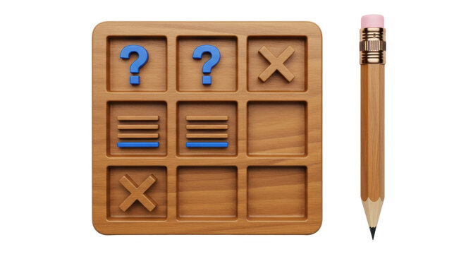 Isolated wooden board game with questions and lines and an eraser-tipped pencil beside it - Powered by Adobe