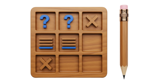 Isolated wooden board game with questions and lines and an eraser-tipped pencil beside it