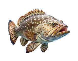 Detailed macro photograph of a spotted grouper fish with open mouth and fins extended