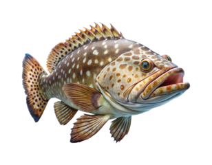 Detailed macro photograph of a spotted grouper fish with open mouth and fins extended