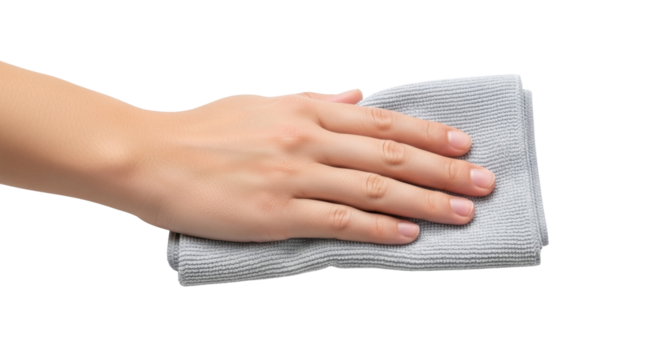 Isolated hand wiping with soft microfiber cloth, cleaning, dusting, household chores at home