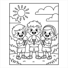 Kids Eating Ice Cream Coloring Page, Summer Fun Outdoor Vector Illustration, Friends Eating Ice Cream Coloring Page, Cute Kids Summer Scene Outline Vector, 
