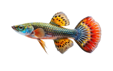 Vibrant male guppy fish detailed close-up studio portrait isolated exotic aquarium dweller