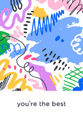 Abstract scribbles, card design. Doodle shapes, colored blobs, spots, splatter, brushstrokes, playful modern pattern on poster background. Creative postcard, typography. Flat vector illustration.