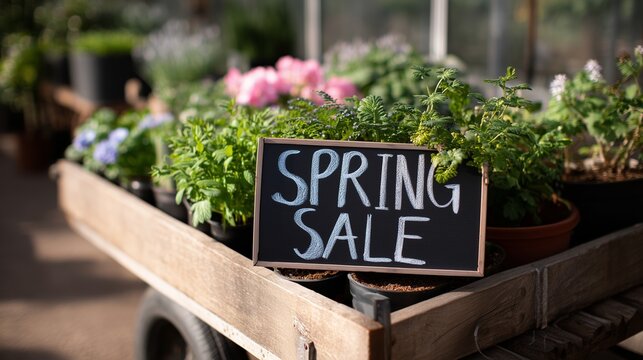 Spring sale featuring fresh plants and flowers in a garden center - Powered by Adobe