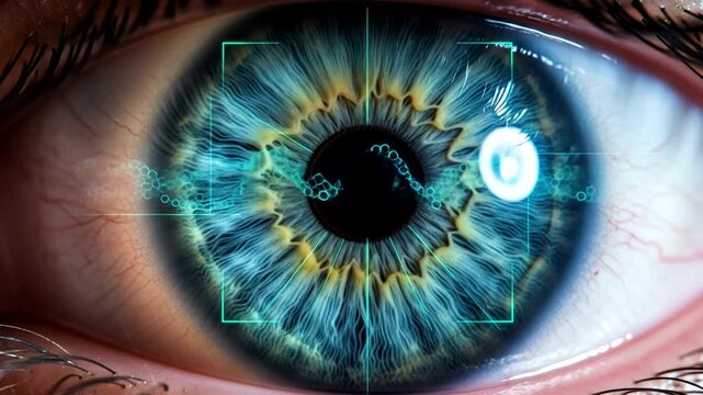Digital scan of a blue iris with biometric security overlay for identification.