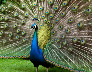 Obraz premium brilliantly colorful peacock displaying its iridescent plumage in full glory. Concept of natural splendor., peacock with feathers out of focus