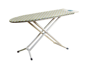 Close-up studio shot of an ironing board with a white cover and metal legs on a plain background