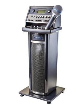 Modern karaoke machine with microphone stand and speaker system for fun entertainment