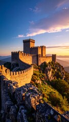 Obraz premium A majestic fortress crowns a mountaintop, its weathered stone walls illuminated by the warm glow of a setting sun