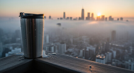 Obraz premium Sleek Stainless Steel Travel Mug on Balcony Railing Overlooking Foggy City Skyline at Sunrise with Light Raindrops Creating a Calm, Contemplative Morning Atmosphere 