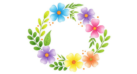 Vibrant watercolor floral wreath with colorful spring flowers and green leaves. Cute hand-drawn decorative frame design.