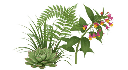 Isolated botanical composition of succulent, fern and flowering plant, on bright background