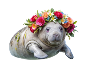 Adorable manatee wearing a vibrant flower crown floating gracefully on a plain surface