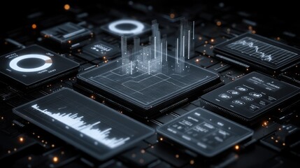 Complex circuitry displays intricate data visualizations overlaid on a technological network.