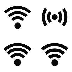 Collection of four stylized black and white wifi signal icons representing wireless connectivity and network strength variations silhouette