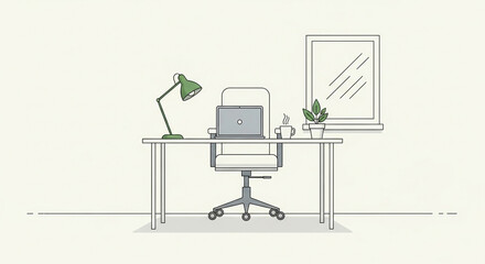 Illustration of a modern home office setup with a desk, chair, laptop, lamp, and plant, creating a clean and organized workspace isolated on white background