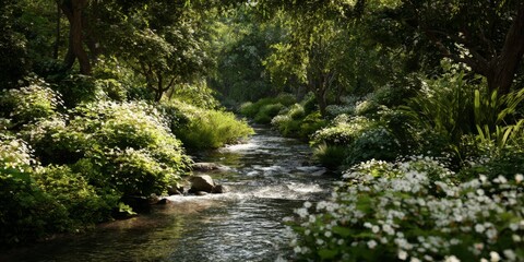 Obraz premium Serene Stream Flowing Through Lush Greenery with Delicate White Flowers Framing the Scene