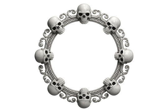 Circular arrangement of skulls creates a macabre frame, evoking mortality and dark symbolism.