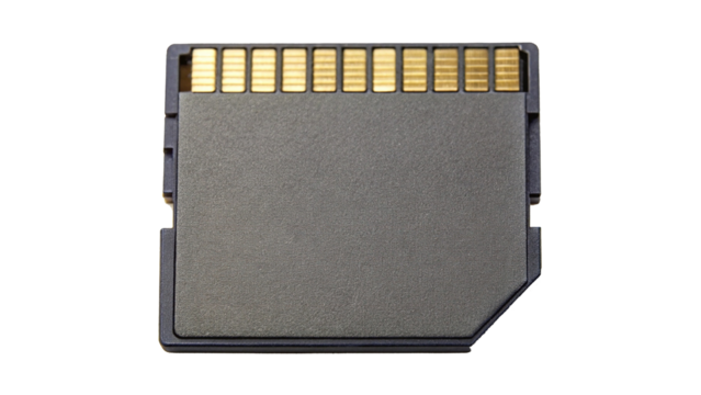 Detailed close up of a micro sd memory card with gold contacts isolated on a plain surface