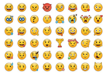 Vibrant collection of diverse yellow cartoon emoji faces displaying a wide range of human emotions and expressions, vector illustration.