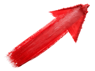 Hand painted red arrow shape with visible brush strokes pointing diagonally upward, cutout, PNG isolated on white or transparent background
