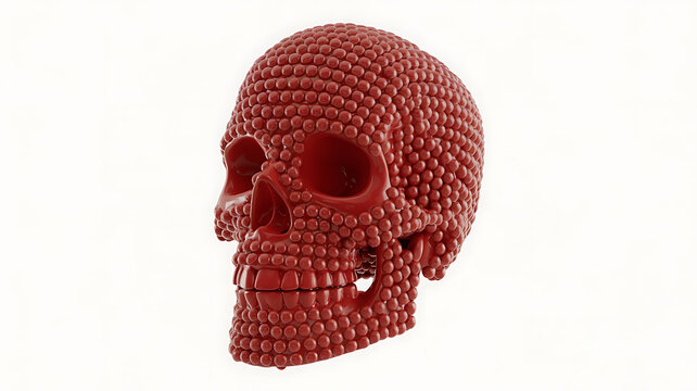 Detailed red skull constructed from countless small spheres, evoking mortality and intricate artistry.