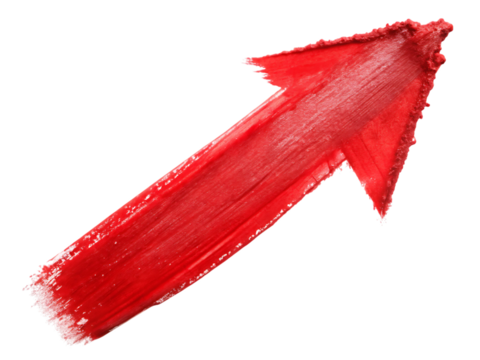 Hand painted red arrow shape with visible brush strokes pointing diagonally upward, cutout, PNG isolated on white or transparent background