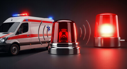 Emergency ambulance with flashing siren lights on a dark background, symbolizing urgent medical response and critical care services