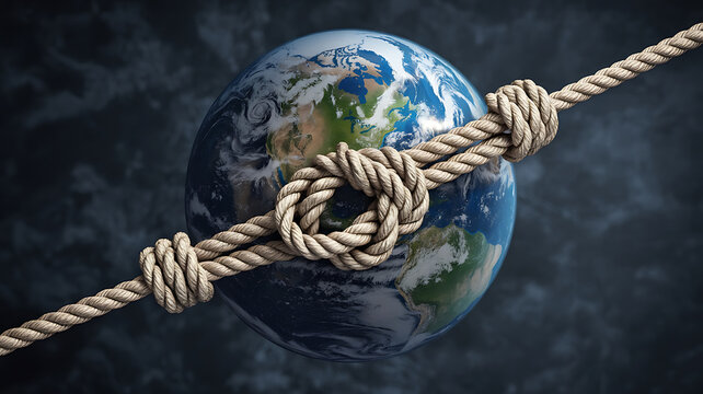 A rope tightly binds the Earth, symbolizing global interconnectedness and potential constraints.