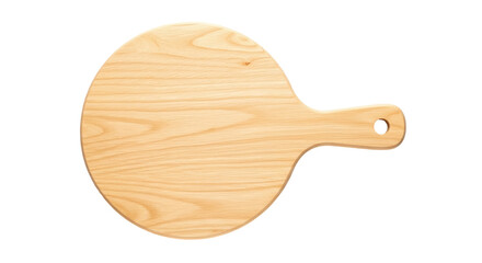 Isolated cutting board, round wooden paddle board with handle for serving cheeses, meals