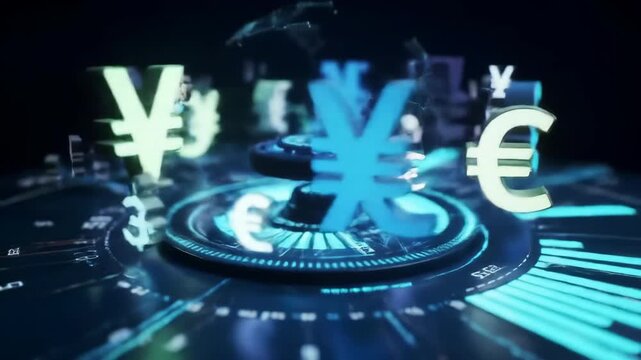 Glowing Yen and Euro currency symbols floating over a futuristic digital interface representing global finance and forex trading - Powered by Adobe