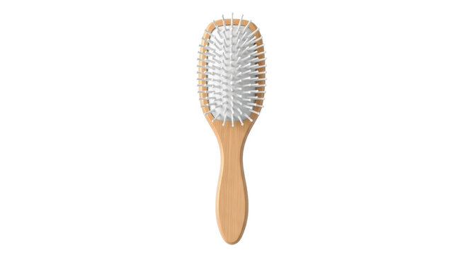 Isolated wooden hair brush with white bristles, personal grooming tool for hair care