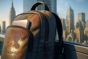 A digital nomad backpack leaning against the glass railing of a skyscraper.