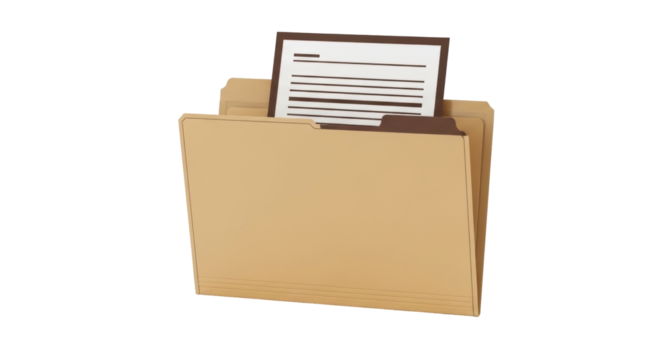Isolated tan file folder holding paper, important documents organized for office work