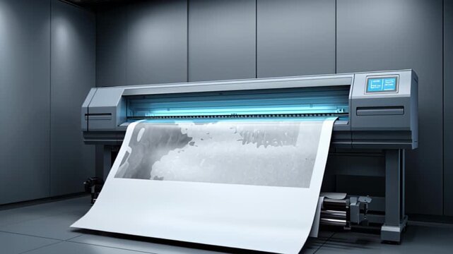 High-tech printer in a modern workspace, showcasing the continuous paper feed process, with a gradual zoom out revealing the machine's intricate design and functionality
