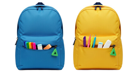 Isolated Pair of School Backpacks with School Supplies for Children in Bright Blue and Yellow