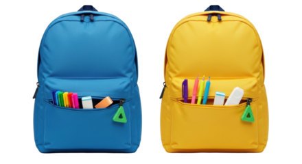 Isolated Pair of School Backpacks with School Supplies for Children in Bright Blue and Yellow