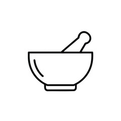 Mortar and pestle line art for culinary herbs and spices, a simple organic cooking icon for food blogs, healthy eating websites, and natural medicine
