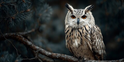 Obraz premium Captivating Close-Up of a Charming Owl Perched on a Branch in a Dark Forest Setting