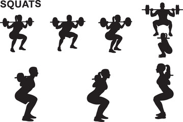 Naklejka premium Fitness Silhouettes Icon Vector Collection, Exercise and Workout Poses, Gym and Wellness Flat Vector Illustrations