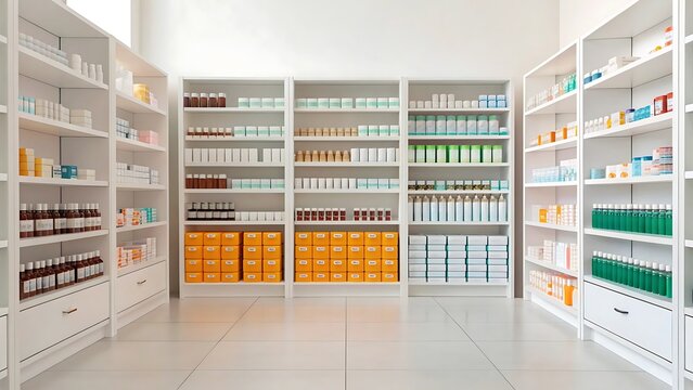 Interior of a pharmacy with shelves stocked with medicines and products, isolated on white background, showcasing a clean and organized retail space