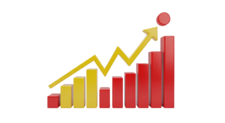 Isolated illustration of a yellow zig-zag arrow trending upward over red and yellow bars